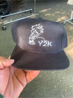 Y2K Black Baseball Cap with White Embroidered Graphic